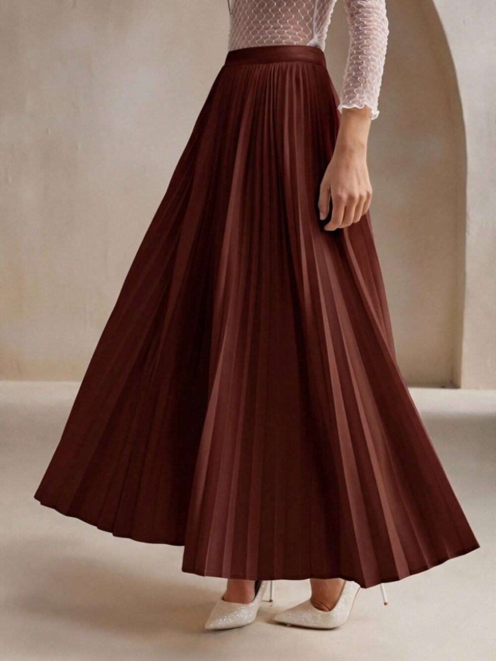 Chestnut Brown Pleated Maxi Skirt with Fitted Waistband